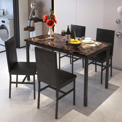 Seizeen 5 Piece Modern Marble & Leather Kitchen Dining Set, Coffee