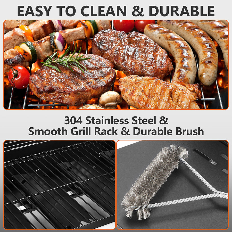 40,000BTU Grill w/Brush, 4-Burner Propane Gas Grill Stainless Steel, Outdoor Camping BBQ Grill on Wheels Portable for Patio Poolside RV