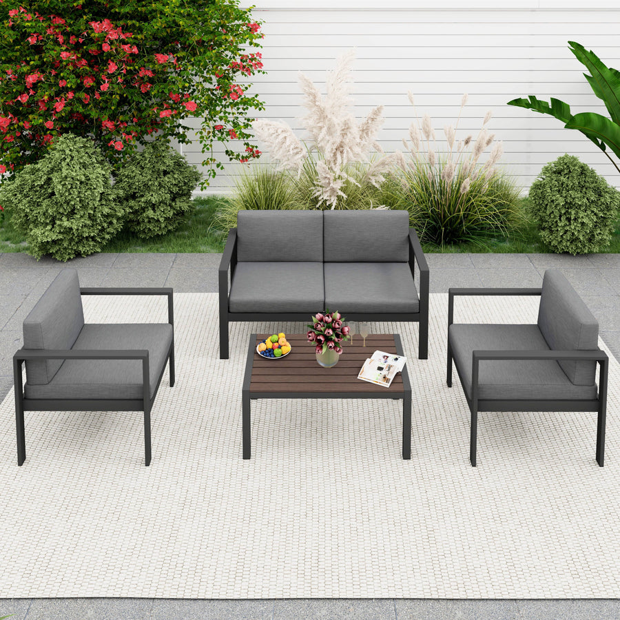 Patio Furniture Set for Outdoor, 4 Pieces Aluminum Frame Conversation Set w/Cushions, All-weather Sectional Sofa Set with Table