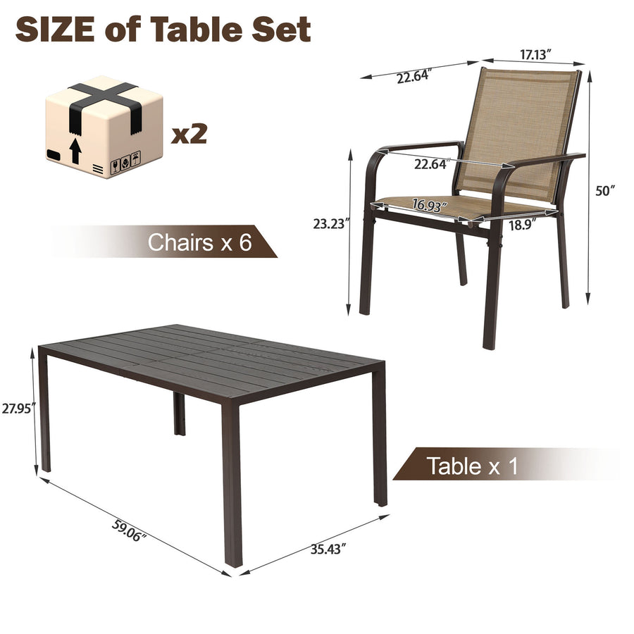 7-Piece Outdoor Dining Table Set, Patio Dining Table Set for 6, Patio Furniture Outdoor Table and Textilene Chairs, HDPE Tabletop, Reinforced Frame, Brown