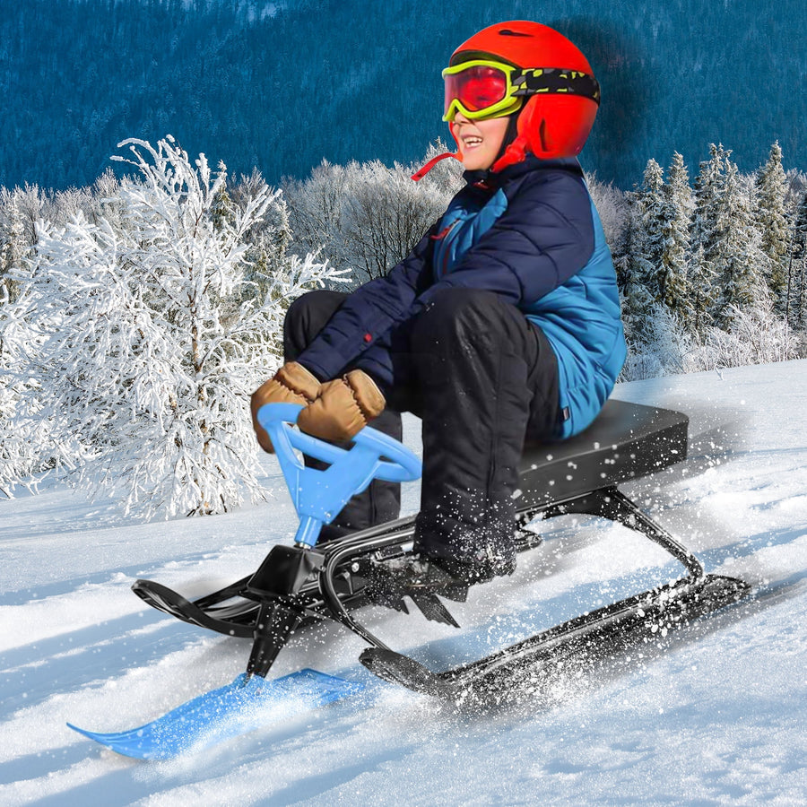 Snow Racer Sled for Kids, 45'' Steering Racer Sled with Twin Brakes, Lightweight Ride on Sled with Steel Frame, Leather Cushion, Traction Rope, Blue