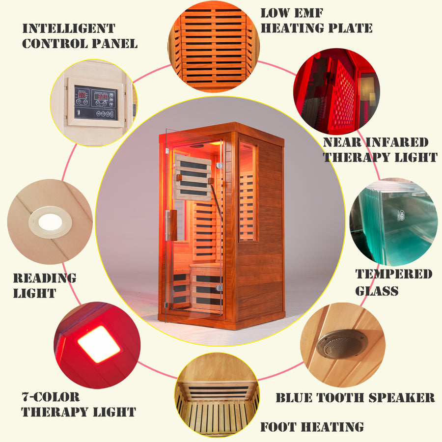 Seizeen Infrared Sauna with Beaty Lamps, 1-Person Indoor Dry Sauna with 7 Colors Light, Low EMF Okoume Wood Home Sauna Room 7 Carbon Crystal Heaters