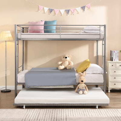 Seizeen Metal Twin over Twin Bunk Bed with Trundle and Ladders Gray