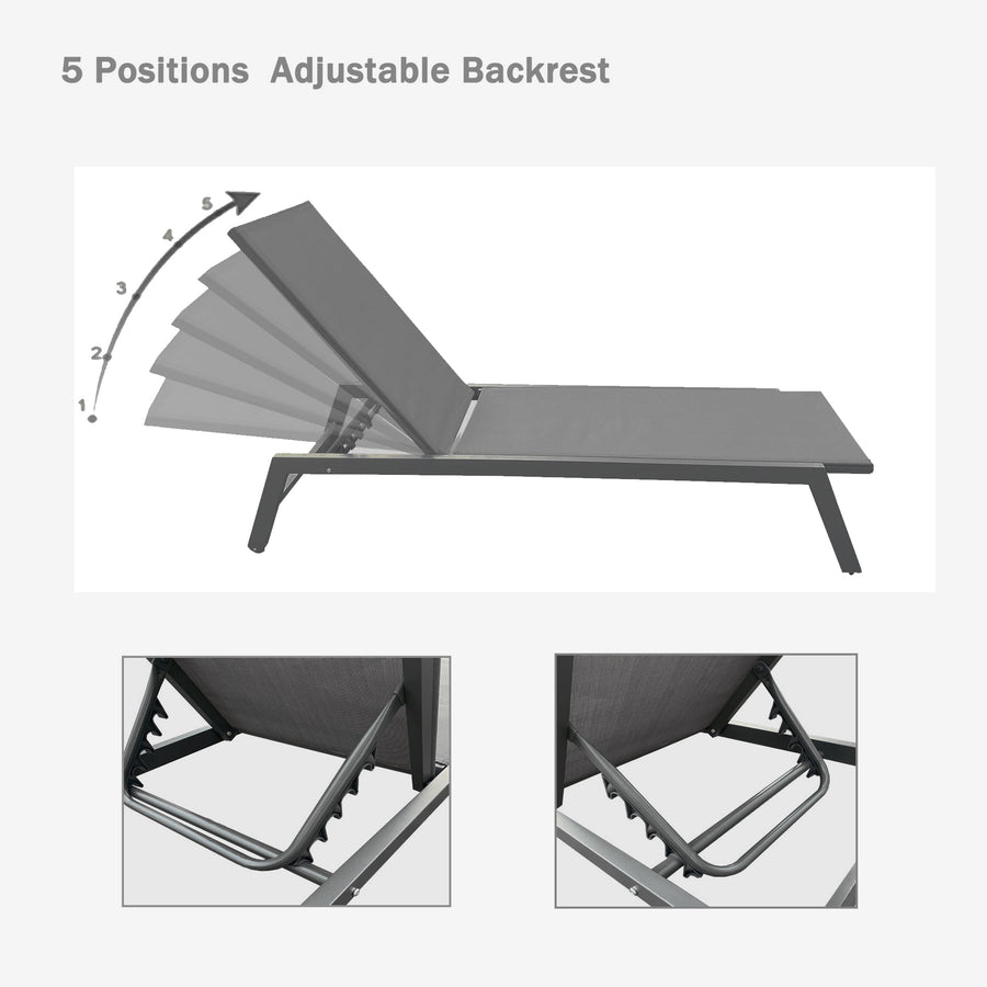 Seizeen Outdoor Chaise Lounge, Patio Lounge Chair with Wheels All Weather, Five-Position Adjustable Lounge Chair for Poolside Deck Porch Backyard, Gray Aluminum Frame Outdoor Furniture