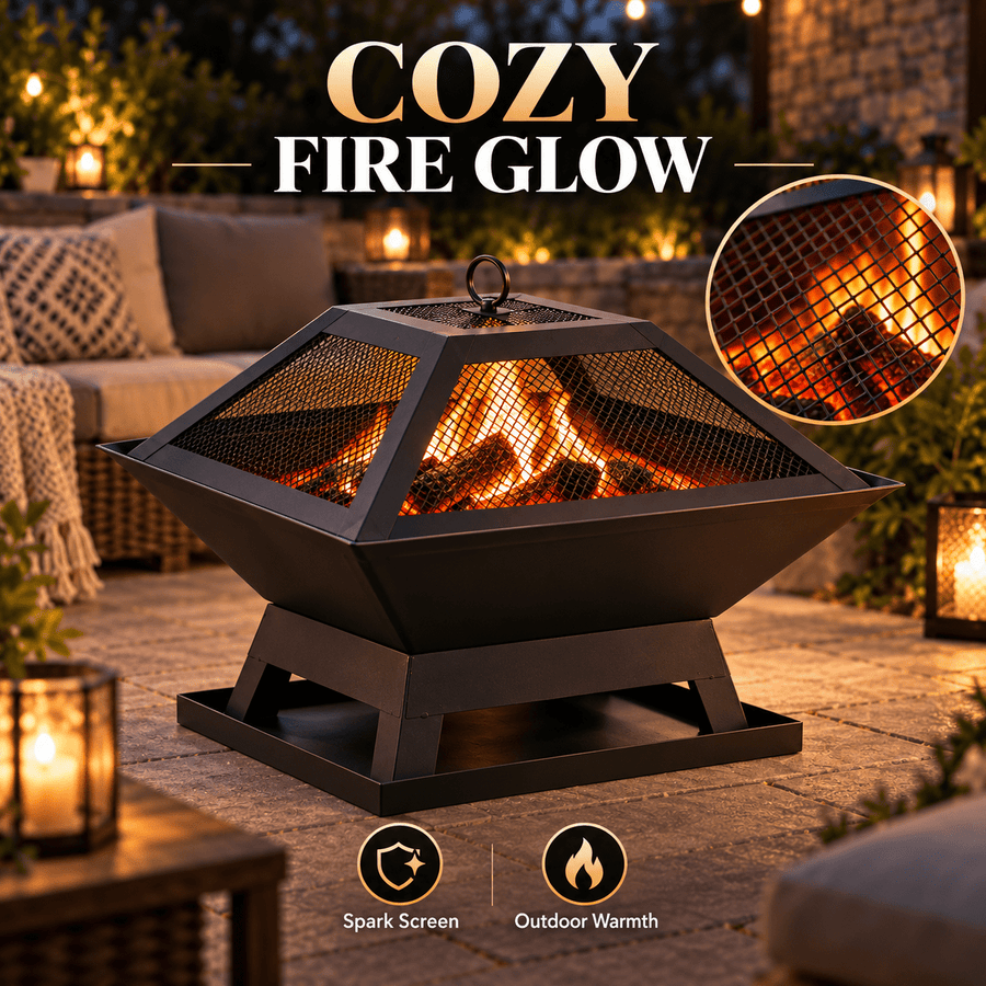Portable Fire Pit for Outside, Seizeen Wood Burning Fire Pits 19'' Small Size, Square Firepit with Screen Cover, Fire Bowls with Ash Tray, Poker