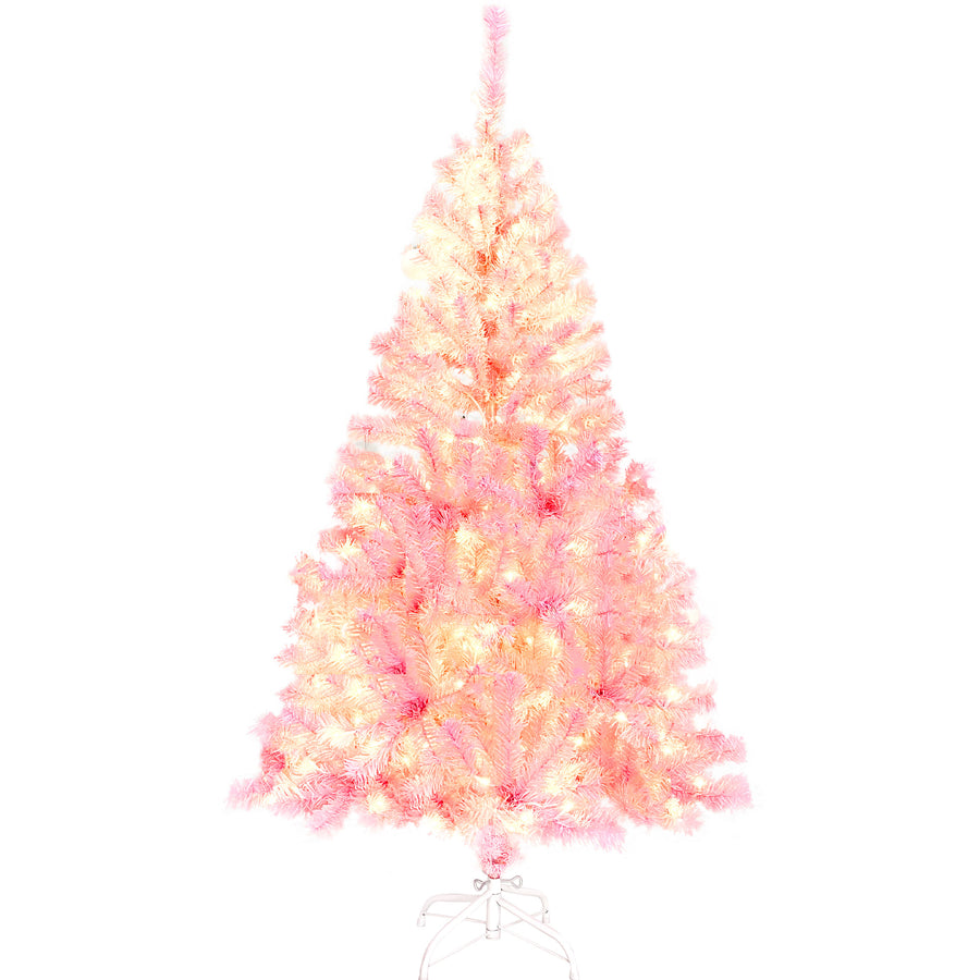 5FT Artificial Xmas Trees with Lights, 2-Pcs Set Lighted Flocked Christmas Tree W/ Garlands, Pre-Lit Christmas Trees for Holiday Decor, 700 Tips, 300 Warm LED Lights, Pretty Pink