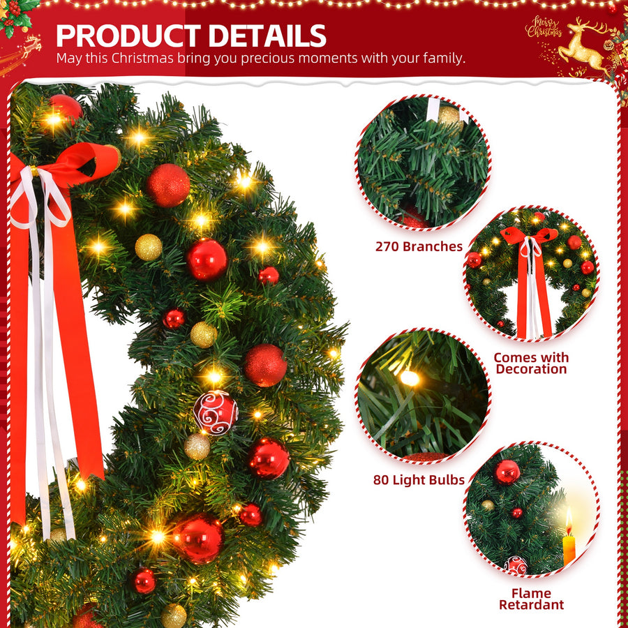 36in Pre-lit Battery Powered Christmas Wreath – Lighted Artificial Xmas Wreath with 80 Warm Lights, 270 PVC Tips & 18 DIY Ornaments for Front Door, Gate & Wall Xmas Party Decorations