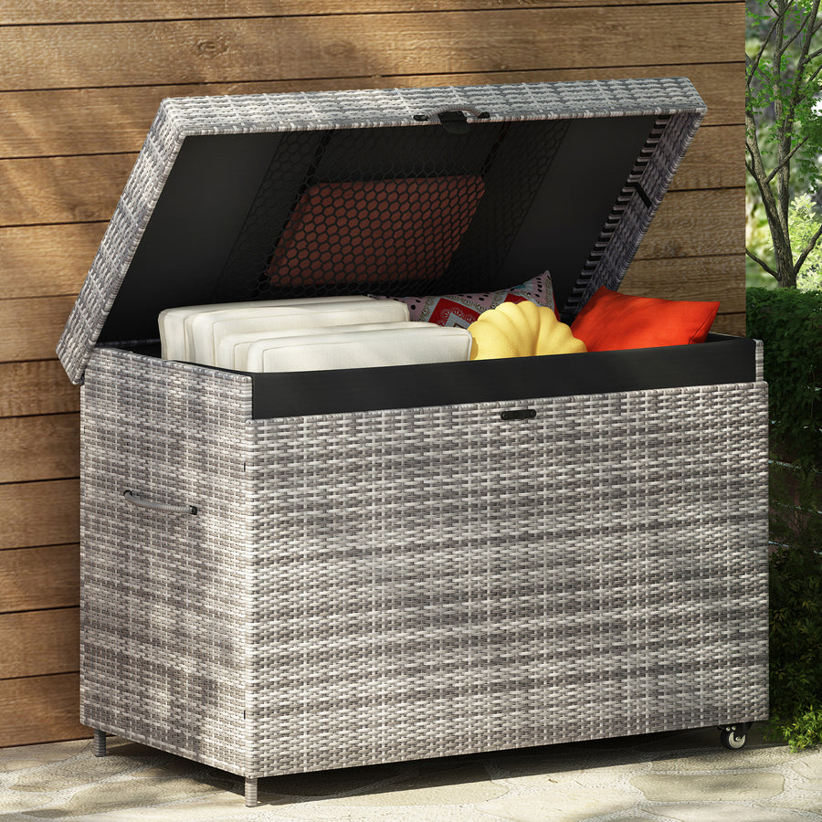 Seizeen Outdoor Storage Box, Gray Waterproof Rattan Deck Box with Liner, Lockable Storage Bin for Patio Pool Cushions Furniture on Wheels, with Mesh Pocket, Gas Rod Lid, Raised Design, 230Gal