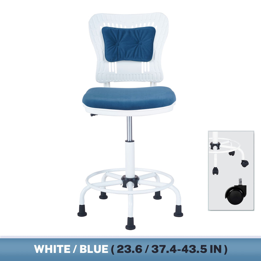 Seizeen Desk Chair for Adults/Teens, Small Adjustable Computer Chair with Removable Wheels, Ergonomic Office Drafting Chair with Lumbar Pillow, 3M Fabric Counter Height Stools with Back, Elegant Blue