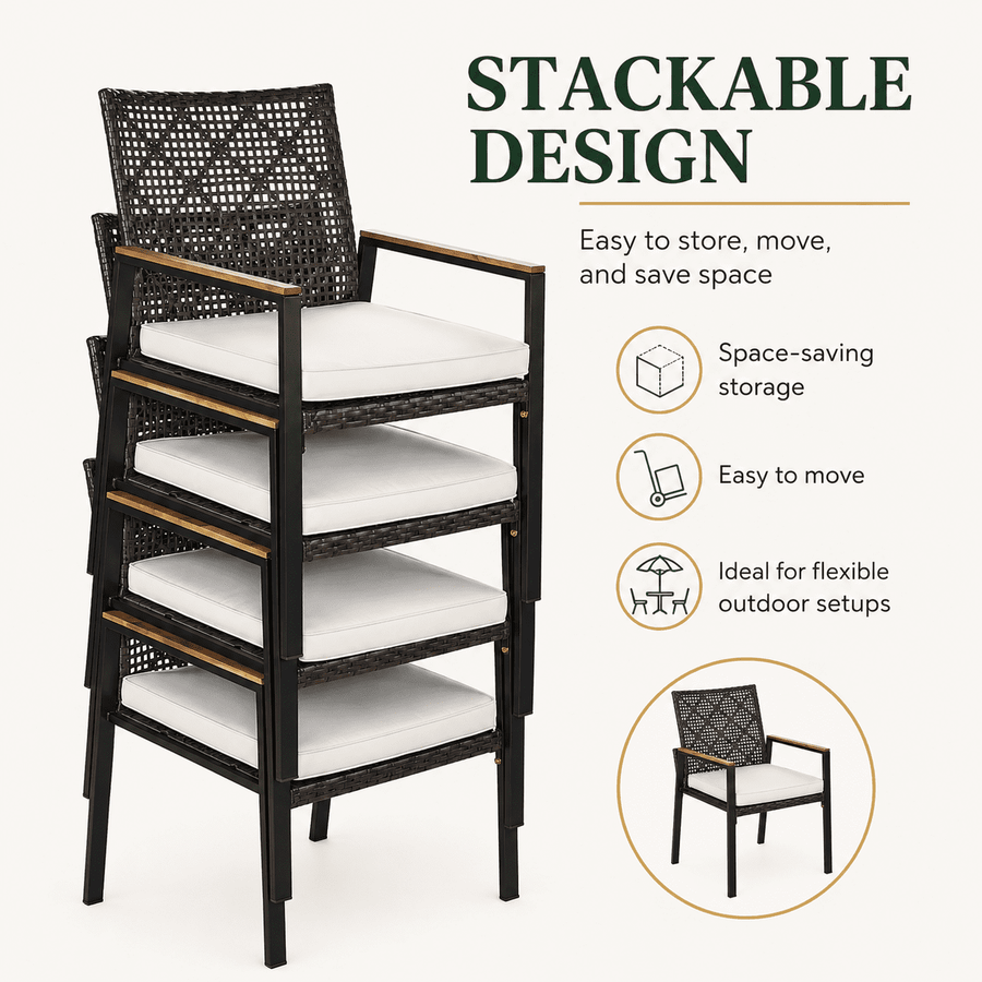 Outdoor Dining Set, 5-piece Outdoor Patio Furniture Table and Chairs Cushioned, Hollow Rattan Dining Table Set for 4, Bold Metal Frame, Acacia Woodtop, Umbrella Hole