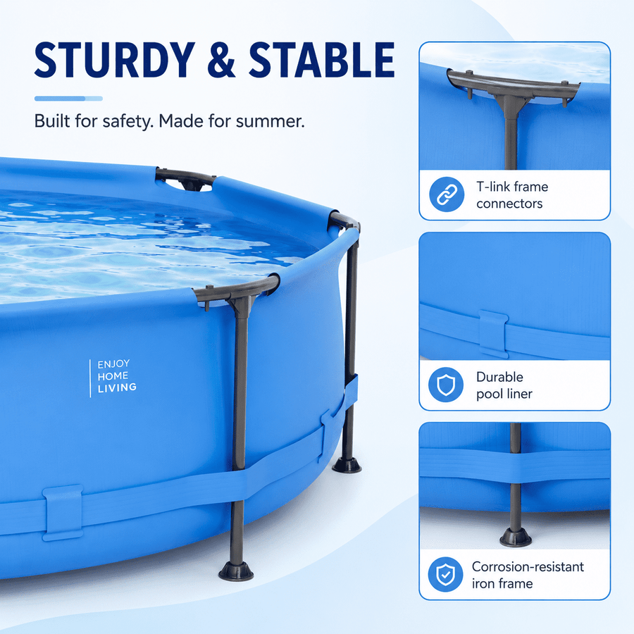 Outdoor Swimming Pool, 10FT x 30IN Round Above Ground Pool with Blue Iron Frame, Outdoor Backyard Swimming Pool for Family Summer Water Fun, Metal Frame Pool for Patio, Garden & Yard