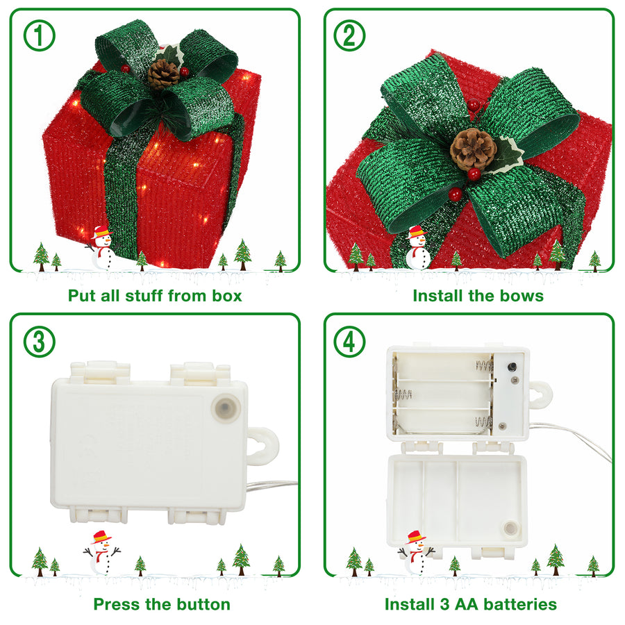 Flocked Gift Box w/Colorful Lights, 3pcs Christmas Ornaments with Berries, Branches, Pine Cones Decor, Lighted Christmas Tree Decorations for Indoor Home