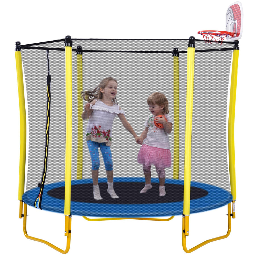 Seizeen 5.5FT Trampoline for Kids - Outdoor & Indoor Mini Toddler Trampoline with Enclosure, Basketball Hoop and Ball, Round Small Trampoline, Yellow