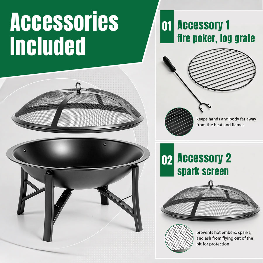 Seizeen 22'' Fire Pit for Outside, Wood-Burning Fire Bowl with Mesh Lid, Fire Poker/Grate, Portable Small Fire Stove for Patio Camp Backyard