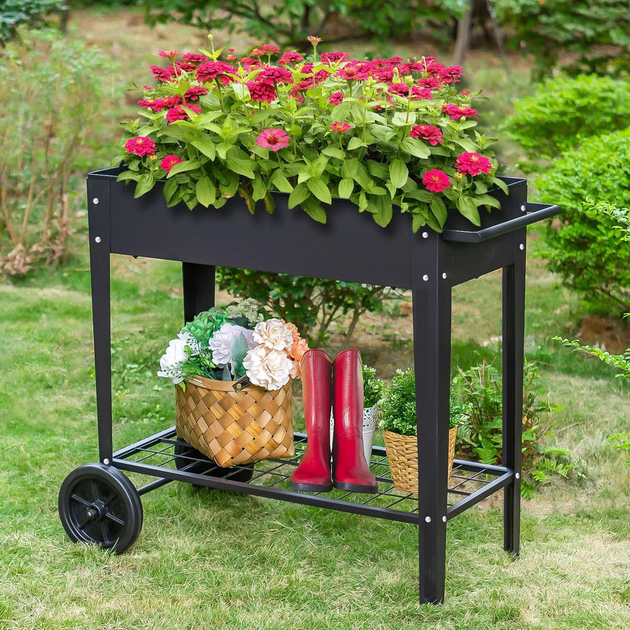 Raised Garden Bed with Leg, 40'' Metal Planter Boxes Above Ground, Patio Planting Bed on Wheels, Vegetables Flower Herb Planting Container w/Storage