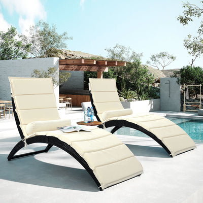 All-Weather Sun Lounger Chair 2 Set, Outdoor Chaise Lounge Chairs Foldable with Cushion & Pillow suitable for Pool Beach Deck Porch Backyard, Beige