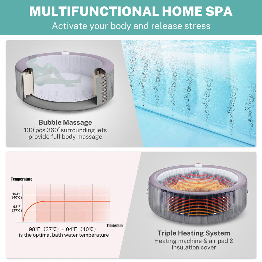 6-8 Person Portable Hot Tub, 82in Inflatable Home Spa Tub with Cup Holders, 4 Filters, 130 Massage Jets, Patio Hot Tub with Storage Bag Lockable Cover Floor Mat, Max 104℉
