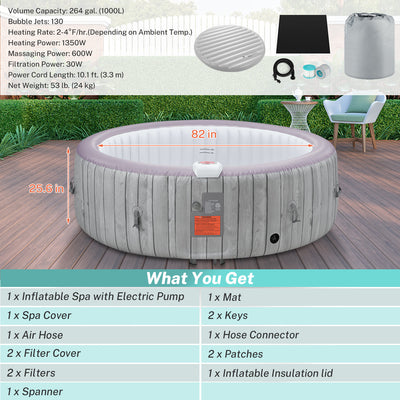 6-8 Person Portable Hot Tub, 82in Inflatable Home Spa Tub with Cup Holders, 4 Filters, 130 Massage Jets, Patio Hot Tub with Storage Bag Lockable Cover Floor Mat, Max 104℉