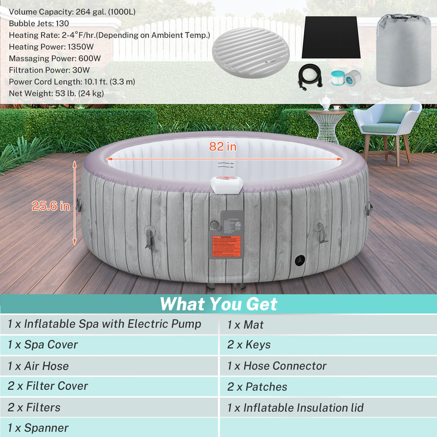 6-8 Person Portable Hot Tub, 82in Inflatable Home Spa Tub with Cup Holders, 4 Filters, 130 Massage Jets, Patio Hot Tub with Storage Bag Lockable Cover Floor Mat, Max 104℉