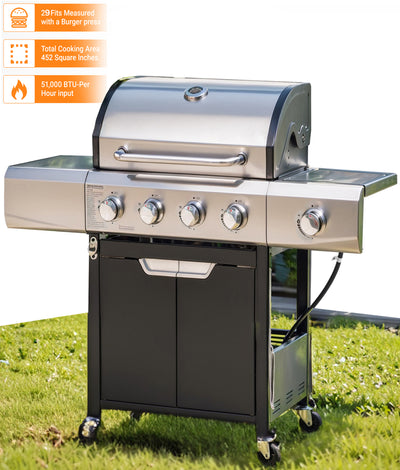 4-Burner Propane Grill W/Side Burner, 51,000BTU Gas Griddle Combo for Portable Outdoor BBQ Camping, with Enameled Cast Iron Plate