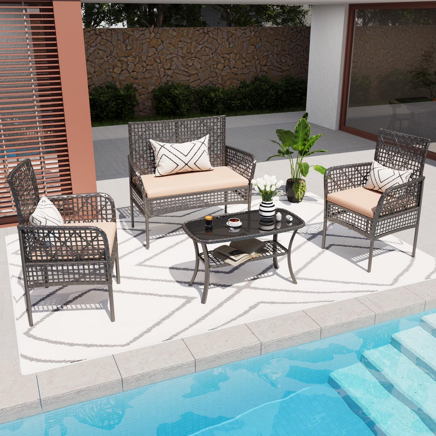 New Outdoor Patio Furniture Set 4pcs, Seizeen All-Weather PE Rattan Conversation Set w/2-Tier table, Loveseat Cushioned Outdoor Furniture Sofa for Yard, Porch, Garden, Deck, Green Cushions