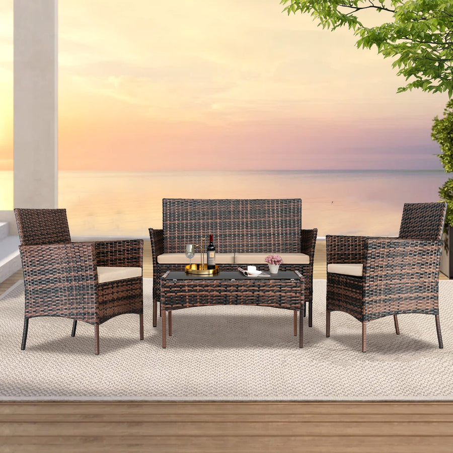 4PCS Patio Set for Outdoor, All-weather Rattan Sofa Set for Porch Deck, Patio Furniture Conversation Set w/Couch Table Armchairs, Brown