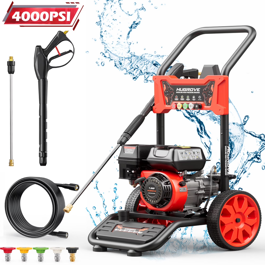 Seizeen Pressure Washer, 4000PSI Power Washer Gas Powered with 210CC 7HP 4-Stroke Engine, Built-in Soap Tank, 5 Adjustable Nozzles, 26FT Hose