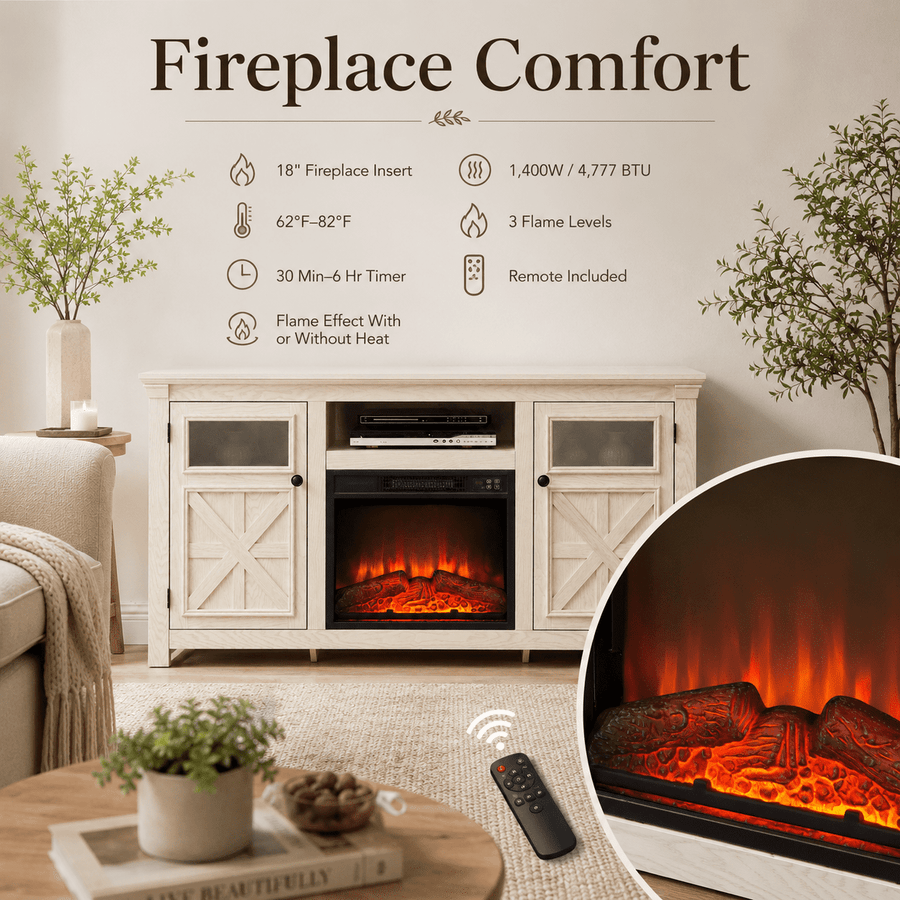 Seizeen Fireplace TV Stand for 60'' TV, 55''L Entertainment Center TV Cabinet, Farmhouse Media Console W/Large Storage, Remote Control for Fireplace, Infrared Heater & Virtual Flame, Gray Wash