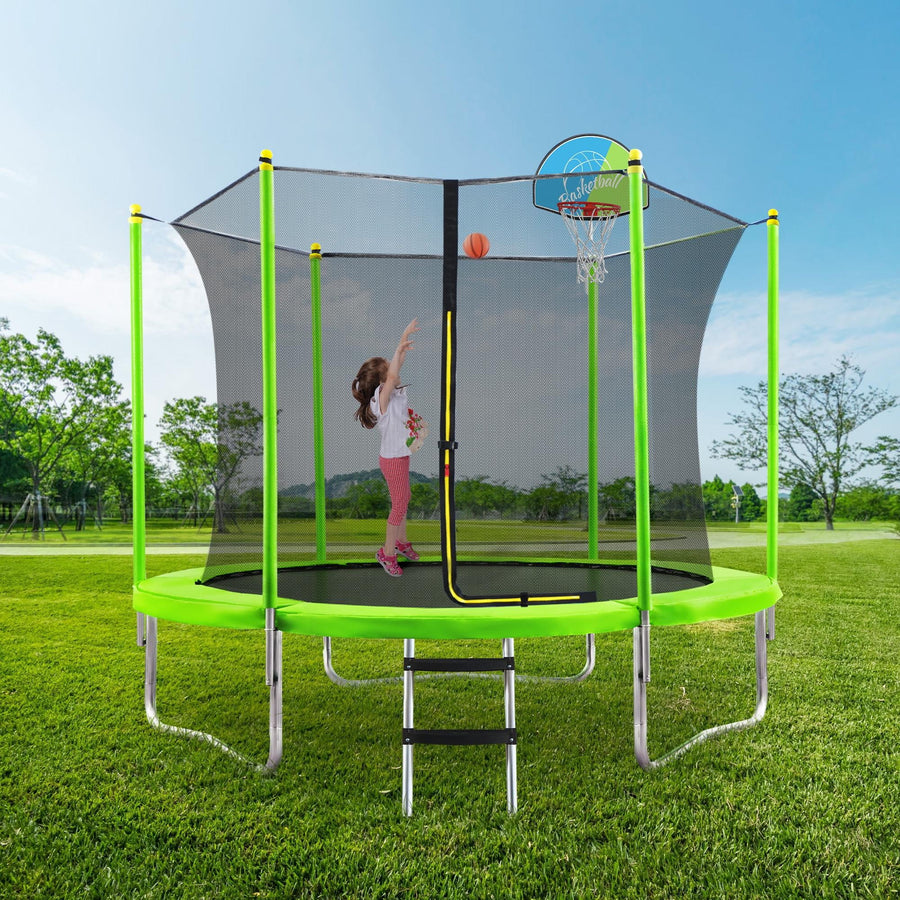 10FT Outdoor Trampoline - Seizeen Heavy-Duty Trampoline with Enclosure Net & Basketball Hoop, Large Trampolines Thickened for Kids Jumping, Green