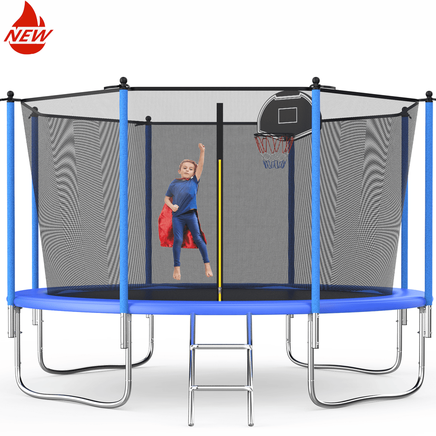 10FT Trampoline with Hoop, Seizeen Heavy-Duty Round Trampoline for Kids Outdoor Play, Large Trampoline w/Enclosure as Gift for Boys and Girls