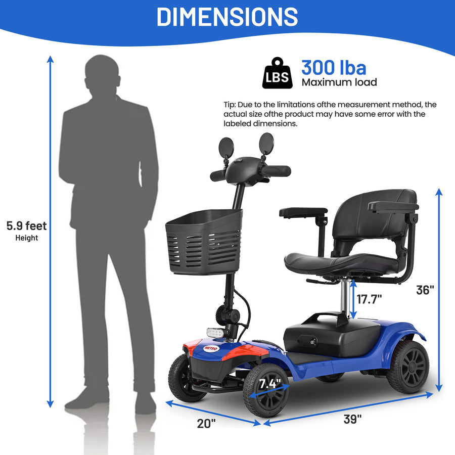 SEIZEEN Mobility Scooters for Seniors with Adjustable Seat, Rearview Mirrors, USB Charging Port,Powered Mobility Scooter for Adults,300W Motor,300 lbs Capacity,Blue