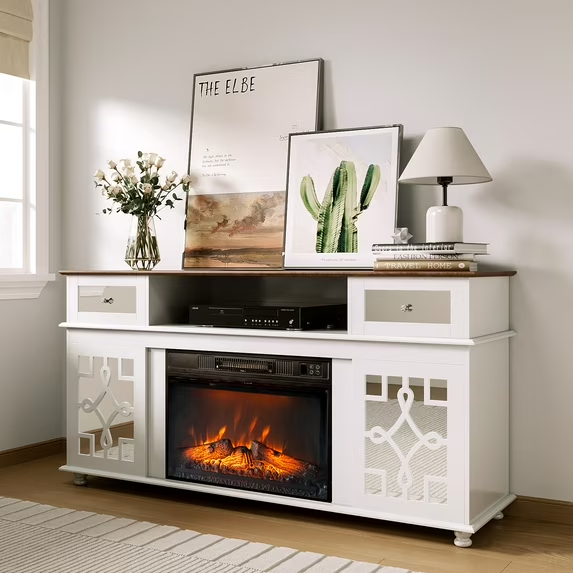 Seizeen TV Stand with Fireplace for Living Room, 60"L Modern Entertainment Center w/Color Lights, Media TV Console Table for 65" TV, Adjustable Shelves, Double Cabinets