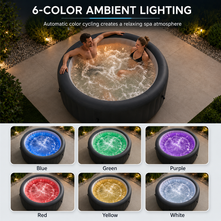 85" Inflatable Hot Tub for 4-6 Persons, Portable Outdoor Spa Tub with 150+ Air Jets, 104°F Heating, 6-Color Ambient LED Lights, Bubble Massage, One-Touch Inflation, Filter System, Cover & Floor Mat