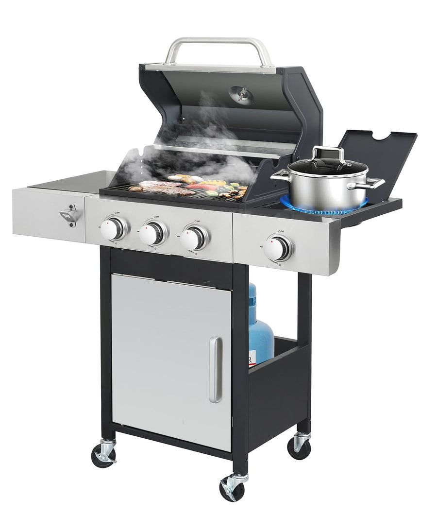 Gas Grill w/ Side Burner, 3-Burner Propane Grill Outdoor Barbecue, Powerful 37230BTU, 2 Cooking Area, Camping Picnic Grill on Wheels