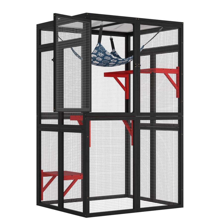 Seizeen Catio Enclosure for Cat, Outdoor Cat House for Indoor Pet Shelter, Large Cat Cage Wooden with Jumping Platforms, Cloth Hammock, Gothic Style, 40¡¯¡¯L X 33¡¯¡¯W x 64¡¯¡¯H