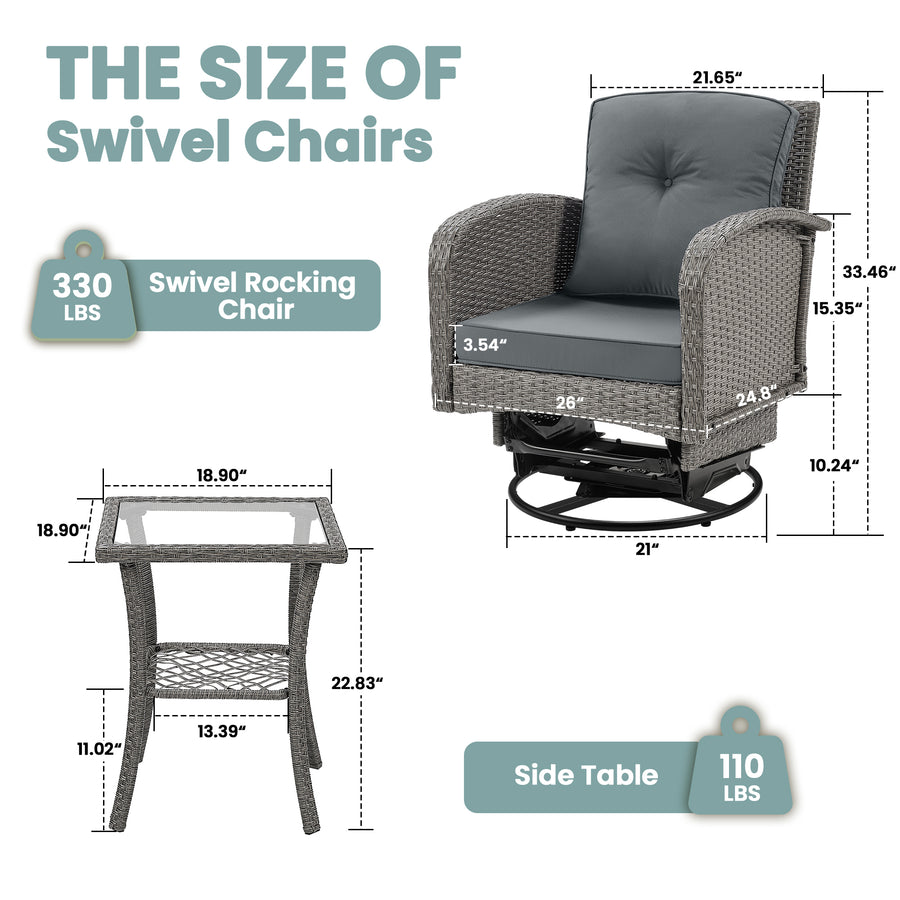 3-Piece Outdoor Swivel Rocking Chairs Set, Weather-Resistant Patio Furniture for Porch Backyard Poolside, with Coffee Table & Thick Cushions, Easy Assembly, Wicker 360° Swivel Rocker Bistro Set