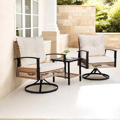 Patio Chairs Set of 2, 3pcs Outdoor Patio Furniture Set Swivel Rocker with Coffee Table, Rattan Wicker Patio Bistro Set Elegant Hollow Design, Black Iron Frame, Thickened Cushions