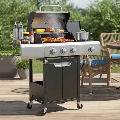 Seizeen 40,500 BTU Propane Gas Grill with Side Burner, Stainless Steel 3 Burner Barbecue Grill Portable on Wheels, with Bottle Opener, for Camping Patio Outdoor Cooking