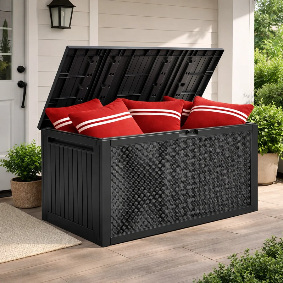 Seizeen 90GAL Outdoor Storage Box on clearance, Resin Deck Box Maze Pattern, Patio Toy Storage Furniture for Garden, MAX 485LBS Weight Storag Bench Table for Porch, Gray