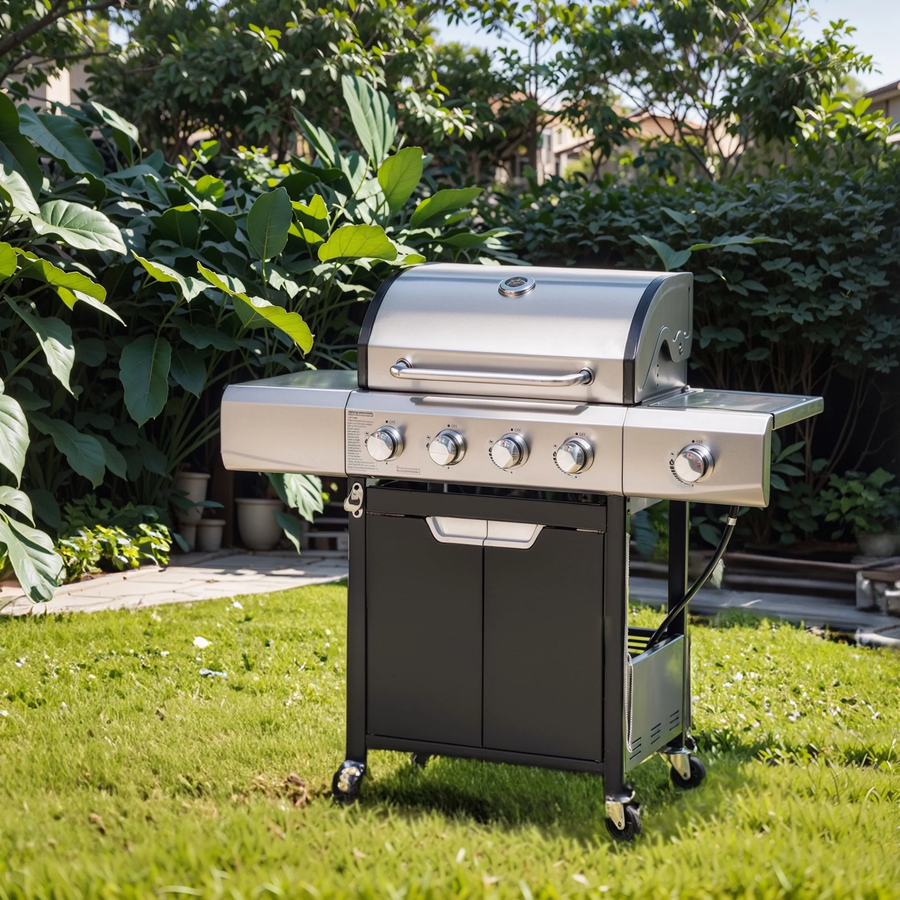 46,790 BTU 4 Burner Propane Gas Grill with Side Burner, Stainless Steel BBQ for Outdoor Cooking, Black/Silver