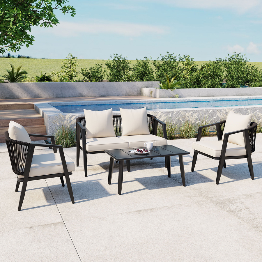 4 Pieces Heavy-duty Patio Furniture Sets, Metal Outdoor Conversation Sofa with Table, Cushioned Backyard Table and Chairs for 4 with Wide Seats, Thickened Steel Frame, Beige Cushions