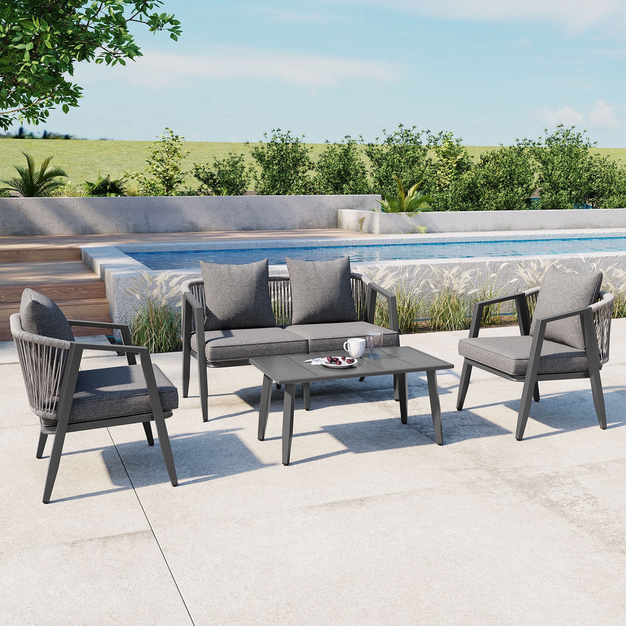 Patio Furniture Set on Sale, 4-Piece Outdoor Conversation Set with Thickened Cushions, Heavy-duty Iron Frame Sectional Sofa Set with Steel Coffee Table for Patio, Lawn, Garden, Balcony & Poolside