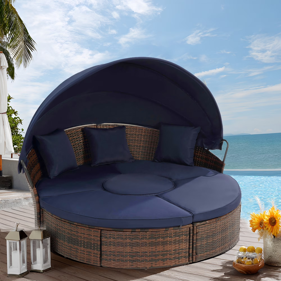 Seizeen Rattan Outdoor Daybed with Canopy, 4-piece Patio Daybed Sectional Soft Set, Deck Porch Poolside Retractable Conversation Set with Lifting Ottoman Table, Cushions and Pillows, Navy