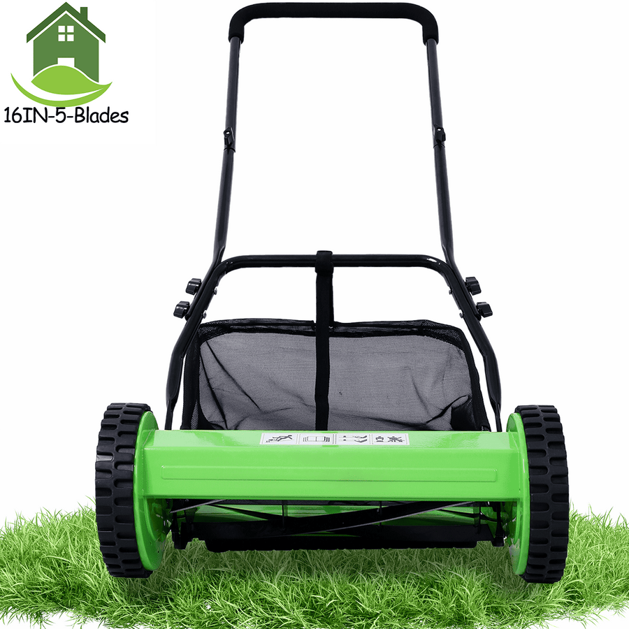 Reel Mower with Grass Catcher, 16-Inch 5-Blade Manual Lawn Mower with 9 Gal Bag, Walk-Behind Push Reel Lawn Mover, 0.6''-1.8'' Height Adjustable, 8¡¯¡¯ Wheels, Green