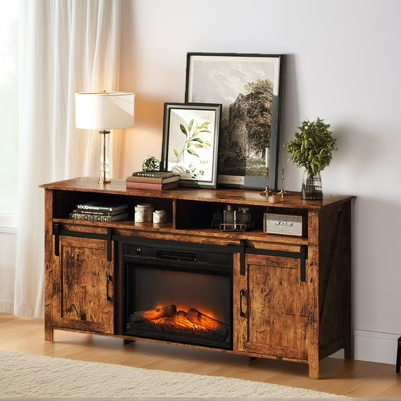 Seizeen Fireplace TV Stand for 65’’ TV, Wooden TV Stand with Fireplace 23’’, Multifunctional TV Console Entertainment Center for Living Room Bedroom, Multi-color 3D Flame Electric Fireplace Insert wi