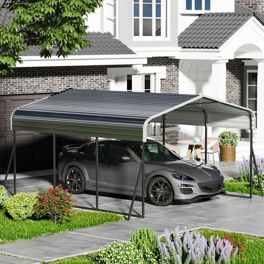 13x20ft Carport Galvanized Steel, Heavy Duty Carport Shelter with Reinforced Frame&4 Poles for Outdoor, Weatherproof Roof, Car Boat Tractor ATV RV Shelter, 44MPH Near Gale Level