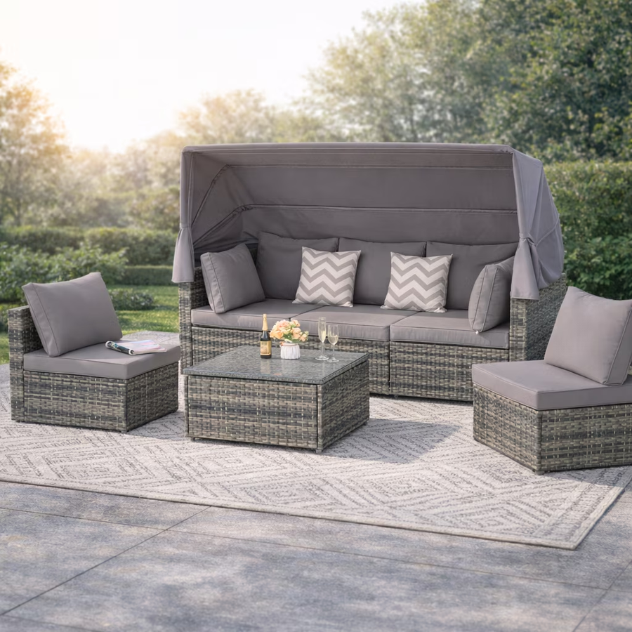 Seizeen 5-Piece Outdoor Daybed, Rattan Sectional Sofa Set with Retractable Canopy, Patio Sectional Bed with Side Table, Outdoor Sunbed for Backyard Porch Pool with Cushions, Adjustable Daybed