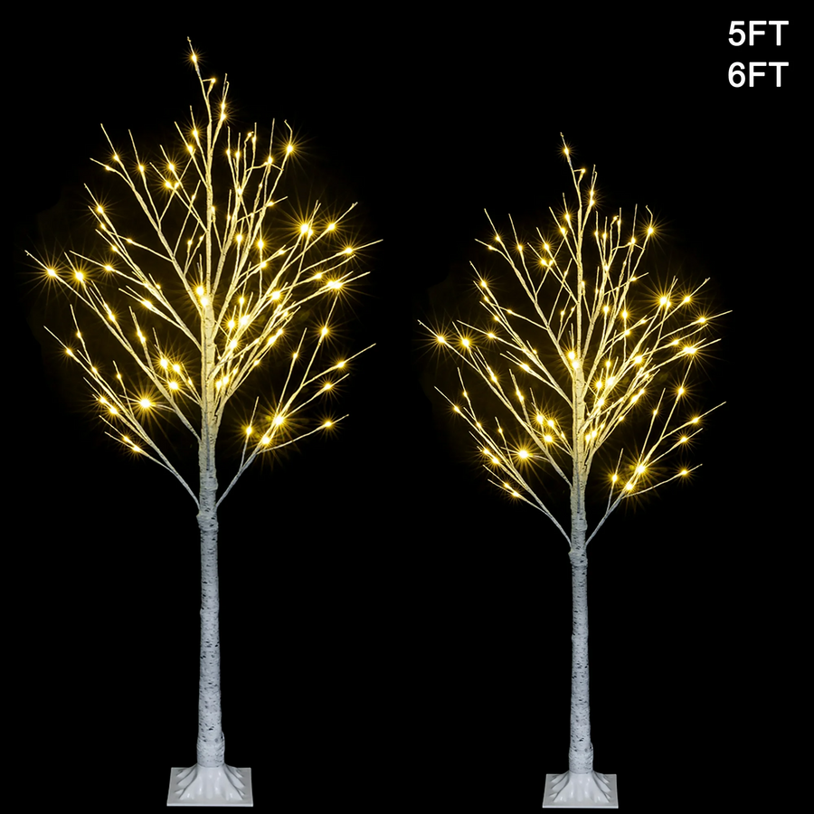 Lighted Tree 2 Pack, LED Birch Trees for Christmas, 5’&6’H Snowflake Artificial Christmas Trees, 5FT 6 FT PVC Christmas Tree for Home Decor Indoor Outdoor