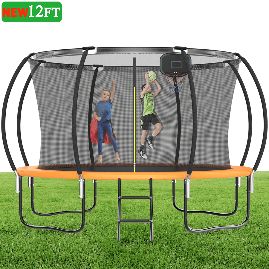 12FT Kids Trampoline, Seizeen Upgraded Curved Trampoline with Enclosure for Outdoor Play, 2-IN-1 Trampoline with Hoop for 6-8 Boys and Girls