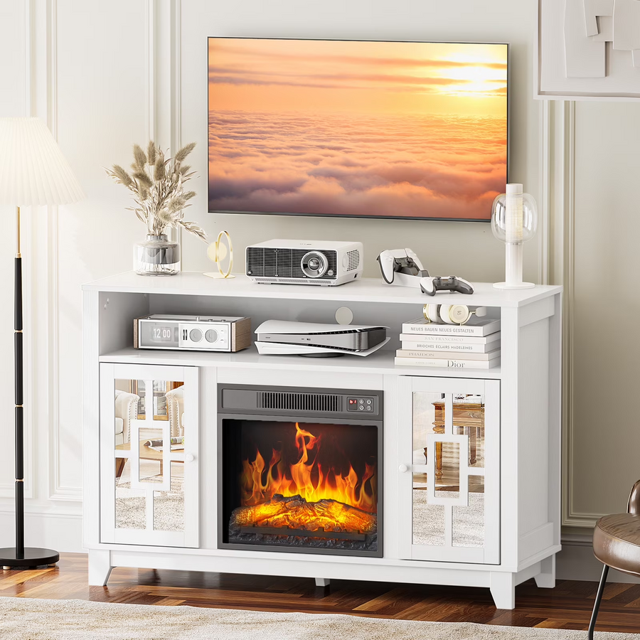 Seizeen Electric Fireplace TV Stand for 60" TV – Modern White Media Console with 18" Fireplace Insert, Storage Cabinets & 6-Color Flames | Living Room Entertainment Center